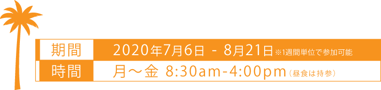 期間:2020年7月6日-8月21日※1週間単位で参加可能 時間:月-金 8:30am-4:00pm(昼食は持参)